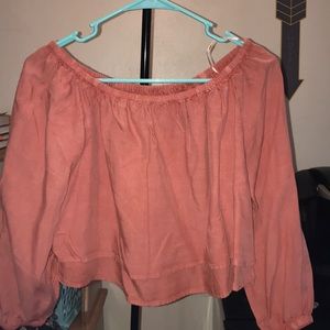 Salmon off shoulder crop top